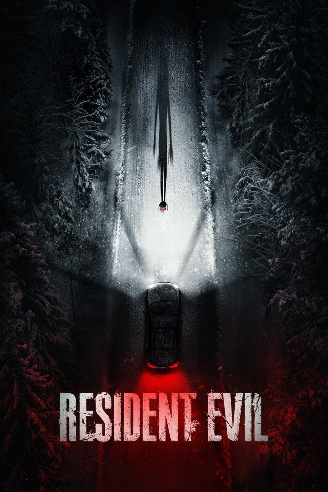 Постер фільму «Resident Evil» (2026) — автомобіль на нічній дорозі