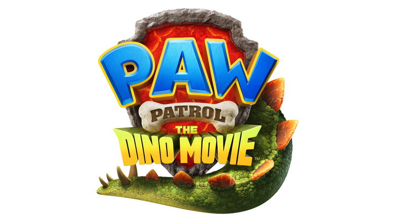 Логотип PAW Patrol: The Dino Movie на тлі динозаврячої лапи