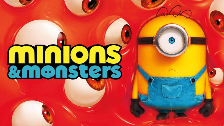 Промо-арт мультфільму Minions & Monsters з одним із Посіпаків на червоному тлі серед очей монстра